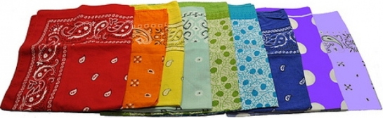 Photo: Bandanas folded up and laid out in rainbow order for the hanky code or flagging. Photo source: Google Images