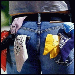 Photo: A person wearing blue jeans with multiple bandana hankies in the pockets flagging all different colors. Photo source: Google Images.